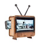 Wooden Retro Style TV Shape Mobile Magnifying Glass Stand Mobile Magnifier Screen Universal Mobile Holder Stand for Office Desk TV Shaped Wood Cell Phone Stand (Brown)
