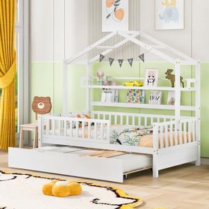 Living Source International Wooden Twin Size House Bed with Trundle,Kids Bed with Shelf, White
