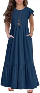 HOSIKA Girls Summer Ruffle Short Sleeve Crew Neck Loose Casual Flowy Tiered Maxi Dress with Pockets for 6-12 Y, Navy Blue, 8 Years