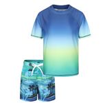 Boys Rash Vest Kids Two Piece Swimming Costume with Board Shorts Short Sleeve Swimsuit Boys Swim Top Age 13-14 Years