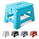 KEPLIN 9 Inch Heavy Duty Folding Step Stool | Non-Slip Foldable Footstool for Toddlers, Children & Adults | Portable, Lightweight Plastic Footstep w/Carrying Handle for Indoor or Outdoor (Blue)