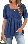 Women's Tunic Tops Summer Square Neck Pleated TShirts Shirts Navy Blue M