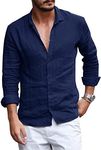 Runcati Mens Button Down Shirt Linen Cotton Shirts Casual Long Sleeve Spread Collar Lightweight Beach Plain Tops, 01 Navy, X-Large