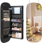 SONGMICS Jewelry Organizer, LED Jewelry Cabinet Wall or Door Mounted, Lockable Rounded Wide Mirror with Storage, Interior Mirror, Christmas Gifts, Black Surface with Black Lining