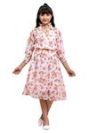 Girls Gilrs 3/4 Sleeves Flower Print Midi Dress-17 Light Orange 15-16 Years