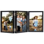 Triple 4x6 Photo Frame Hinged Folding Wood Picture Frame with Glass Front Stand Vertical on Desktop Black