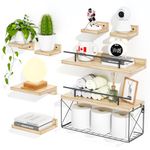 Hoiicco Floating Shelves for Wall Set of 8, Wall Shelves for Decoration and Storage, Bathroom Shelves with Wire Storage Tier, Wood Shelves for Bathroom, Living Room, Bedroom, Kitchen, Decor (Natural)