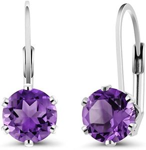 Gem Stone King 925 Sterling Silver Purple Amethyst Leverback Earrings For Women (1.50 Cttw, Gemstone Birthstone, Round 6MM), Metal Gemstone, Amethyst