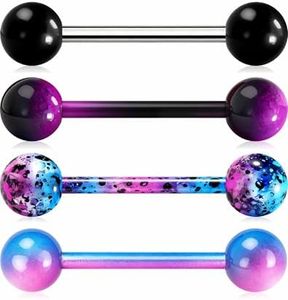 OUFER 4PCS 14G Tongue Rings Barbell Set – Stainless Steel Tongue Piercing Jewelry with Purple Black Splatter & Solid Color Balls, Hypoallergenic Body Jewelry for Women Men Daily Wear