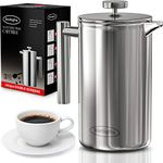 French Press Coffee Maker(1.75L) - Double Walled 18/10 Large Coffee Press with 2 Free Filters - Enjoy Granule-Free Coffee Guaranteed, Stylish Rust Free Kitchen Accessory - Stainless Steel French Press