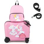 HONEY JOY Kids Luggage, 12” Children Travel Backpack & 18” Hard Shell Carry-on Luggage, Anti-Lost Adjustable Strap, Airplane Approved, 2 Pcs Ride-on Suitcase for Girls Boys(Pink Unicorn)