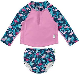 i play. 2pc LS Zip Rashguard Shirt Set with Snap Reusable Absorbent Swim Diaper-Navy Flamingos, Navy, 18 months