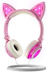 Olyre Wired Kids Headphones with Mic, On Ear Earphones Audio 85dB Kitty Headphone with LED Light Up for Gift Girls Boys Teens Computer Tablet PC iPad Smartphone - Pink