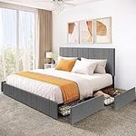 YITAHOME King Size Bed Frame, Upholstered Bed Frame with 4 Storage Drawers, Adjustable Headboard Platform Bed Mattress Foundation with Sturdy Wood Slat Support, No Box Spring Needed, Grey