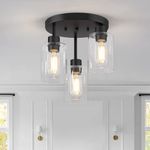 Farmhouse Ceiling Light Fixture, Feanron Black Semi Flush Mount Ceiling Light Fixtures with Clear Glass Shade, Vinatge Ceiling Pendant Lamp for Kitchen Living Room Bedroom