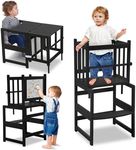 COSYLAND 3-in-1 Multifunctional Toddler Standing Tower, Kids Kitchen Step Stool with Whiteboard, Desk Table and Chair, Enjoys Unique Patented Design,FSC,CPC,SOR,CE, Black