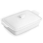 MALACASA 3.4 Quart Baking Dish with Lid, 3250ML Porcelain Casserole Dish with Lid, 13 x 9 Inch Deep Lasagna Pan, Rectangular Oven Dish with Handle, Microwave and Oven Safe, Ivory White, Series BAKE