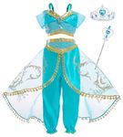 AmzBarley Princess Jasmine Dress up Costume Outfits for Girls Kids Arabian Halloween Party Dance Fancy Dress Birthday, Turquoise with Accessories, 9-10 Years