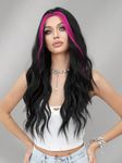 YESEGO Highlights Hot Pink Synthetic Lace Front Wigs Black Long Wavy Middle Part Hair Heat Resistant Glueless Frontal Lace Wigs for Women, Hightight Pink