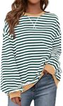 BTFBM Womens Striped Pullover Tops Fall Clothes 2025 Long Sleeve Shirts Trendy Soft Crew Neck Loose Y2K Sweatshirts(Green White, X-Small)