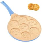 Erreke Nonstick Pancake Pan, 7 Smiley Face Pancake Griddle, Soft Touch Handle Fun Breakfast for Kids, 10.2 in Crepe Pan for Gas Stoves (Blue Color)