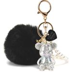 YOU WIZV Kawaii Cute Bear Keychain for Women, Bling Gummy Teddy Bear Pom Pom Key Chain Girly Wristlet Keychain for Backpack, Black, 7.5*3.3*3.1