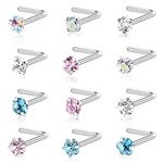 Ormromra 12 Pieces L-Shape Nose Studs, Colorful Diamond Nose Studs, Silver Stainless Steel Nose Stud Ring, Nostril Piercing Jewellery for Women