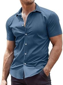 COOFANDY Men's Muscle Fit Dress Shirts Wrinkle-Free Short Sleeve Casual Button Down Shirt Grey Blue