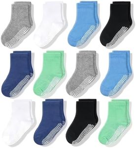 CozyWay Non-Slip Crew Grip Toddler Socks, 12 Pack for Boys, Black/White/Gray/Aqua Blue/Sky Blue/Lime Green, 3-5 Years Old