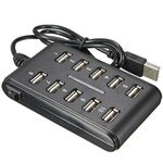 LUPO 10 Ports HUB - Slim High Speed USB 2.0 Multi Expansion - Plug and Play - Compatible with PC Windows and Mac Computers - Mains Power Option - On/Off Switch - BLACK