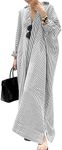 utcoco Womens Striped Long Sleeve Dress Casual Loose Button Down Cotton Maxi Shirt Dress, Grey, Large