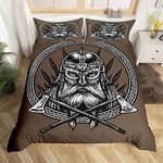 Ancient Viking Bedding Set,Vintage Exotic Tribe The Ax A Sword A Spear Scandinavian Logo Brown Print,Decor Comforter Cover Double Size 3 Pcs (1Duvet Cover +2 Pillowcases),Zipper