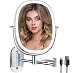 Rechargeable Makeup Mirror with Light, Double Sided Wall Mounted Lighted Bathroom Mirror with 1X/7X Magnification, 3 Colors Dimmable Lighting,Extension Foldable Arm, Bathroom Shaving Magnifying Mirror