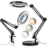 LANCOSC 10X Magnifying Glass with Light, 3 Color Modes Stepless Dimmable 2-in-1 Desk Lamp and Clamp, Hands Free LED Lighted, Magnifier with Light and Stand for Repair, Painting, Crafts, Close Works