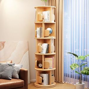 YVYKFZD Rotating Bookshelf Tower, 360° Revolving Bookcase, Round Display Storage Rack, Wood Floor Standing Book Shelf with Bookends, for Small Space, Bedroom(Wood,5 Tier 15.7x15.7x63.3in)