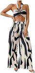 OYOANGLE Women's 2 Piece Outfits Graphic Print Knitted Crop Halter Top and Wide Leg Pants Set Black Medium