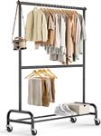 MISSLO Double Clothes Rail on Wheels, Heavy Duty Clothing Racks for Hanging Clothes Rack 2 Tier Garment Rack Rolling Coat Rail, Free Standing, Metal, 195 cm Height Adjustable, Black