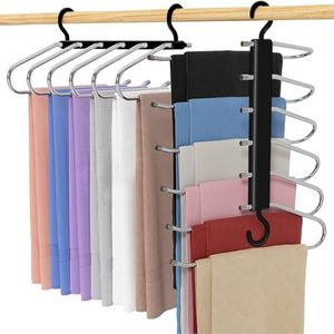 2 Pack Pants Hangers,S-Type Jeans Hanger Space Saving Folding and Telescoping Non-Slip Trousers Organizer 6 Layer Closet Organizers and Storage for Trousers Scarves Slack
