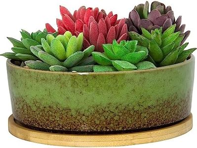 ARTKETTY Succulent Pots - 7 Inch Ceramic Bonsai Pots with Drainage Tray, Large Shallow Planters for Cactus Bonsai Trees, Round Glazed Flower Plant Container Bowl Home Desk Decor(Green)