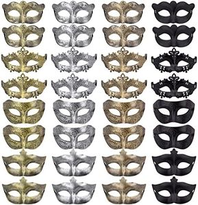 FEQO 32 Pieces Masquerade Masks Vintage Antique Party Mask Venetian Black, Gold, Silver, Copper FA-22-024