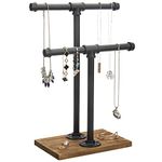 MyGift 2-Tier Urban Rustic Metal Industrial Pipe & Brown Wood T-Bar Necklace Jewelry Stand