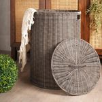 Pure Home + Living Brown Resin Wicker Laundry Basket with Lid, Storage Basket With Handles, Woven Storage Basket For Pillows, Blankets,Clothes - 60.96cm x 43.18cm x 43.18cm, Dark Brown