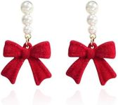 Christmas Bow Earrings for Women Trendy Rhinestone Bow Pearl Dangle Earrings for Women Cute Stuff Christmas Jewelry Outfits for Women Stocking Stuffers