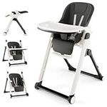 Maxmass Foldable Baby High Chair, Infant Feeding Chair with Adjustable Height, Backrest & Footrest, Double Tray, Lockable Wheels & 5-Point Harness, Portable Highchair for Toddlers (Dark Gray)