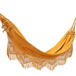 NOVICA Yellow Orange Cotton Fabric 2 Person XL Brazilian Crochet Fringe 'Belem Sun' (Double) Hammock, One Size