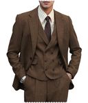 Mens Formal Tweed Wool 3 Piece Wedding Slim Fit Suit Prom Tuxedos Groomsmen, Brown, XX-Large