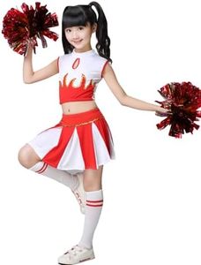LOLANTA Little Girls Cheerleader Costume Crop Tank Pleated Skirt Set Cheer Outfit with Pom Pom(Red, 5-6)