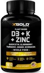 Vitamin D, K2, K1, Zinc, Quercetin, Elderberry, Turmeric, Ginger & Echinacea Whole Food Supplement 8 in 1- D3 5000 IU Plant-Based from Lichen, Vitamin K (K2 MK7, MK4, K1), D3 K2 Vitamins -120 Capsules