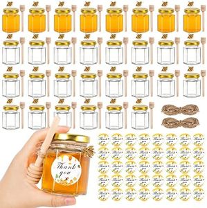 AuroTrends 3oz Mini Honey Jars with Dipper 30Pack, Glass for Baby Shower Favors/ Wedding Favors Guests Bulk-Mini Wooden Dippers/ Bee Charms/ Thankyou Stickers/ Jute Twine (3oz-30Pack) ,Gold