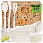 Gezond Compostable Cutlery Set 300 Pack Disposable Cutlery- 150 Forks 100 Spoons 50 Knives 7 Inch Biodegradable Utensils Set Heavy Duty Biodegradable Cutlery